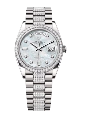 Rolex Day-Date 36 Oyster Perpetual 18 ct white gold white mother-of-pearl, diamond-set dial diamond-set bezel diamond-set President band Reference 128349RBR