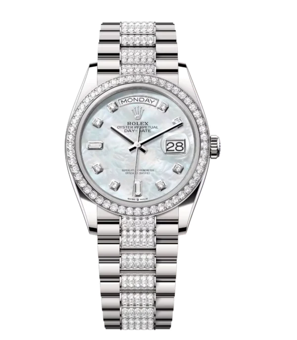 Rolex Day-Date 36 Oyster Perpetual 18 ct white gold white mother-of-pearl, diamond-set dial diamond-set bezel diamond-set President band Reference 128349RBR