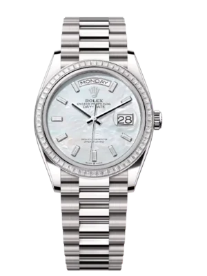 Rolex Day-Date 36 Oyster Perpetual 18 ct white gold white mother-of-pearl, diamond-set dial diamond-set bezel President band Reference 128399TBR