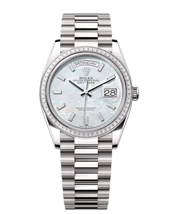 Rolex Day-Date 36 Oyster Perpetual 18 ct white gold white mother-of-pearl, diamond-set dial diamond-set bezel President band Reference 128399TBR