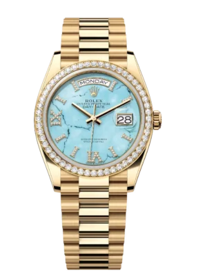 Rolex Day-Date 36 Oyster Perpetual 18 ct yellow gold turquoise, diamond-set dial diamond-set bezel President band Reference 128348RBR