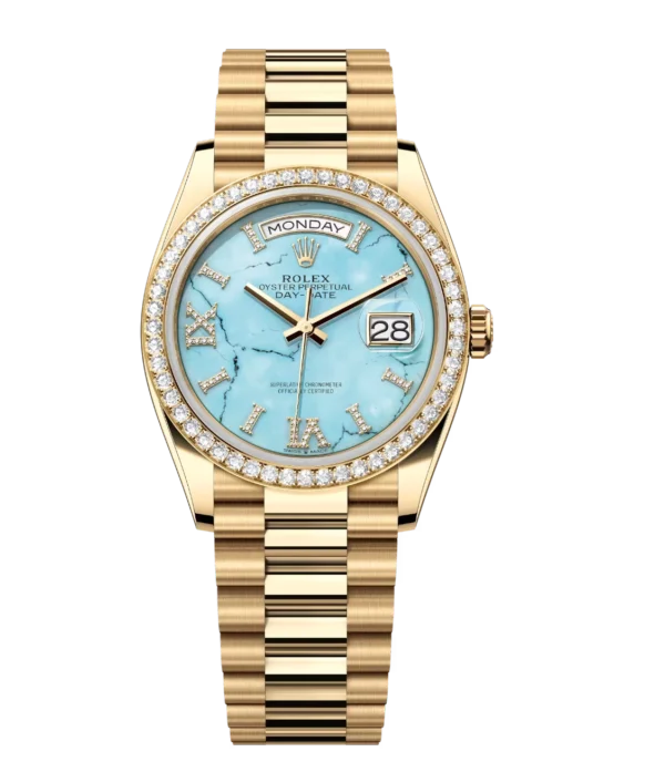 Rolex Day-Date 36 Oyster Perpetual 18 ct yellow gold turquoise, diamond-set dial diamond-set bezel President band Reference 128348RBR