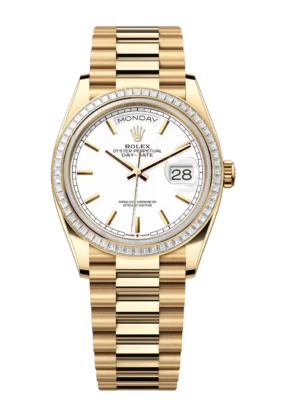 Rolex Day-Date 36 Oyster Perpetual 18 ct yellow gold white dial diamond-set bezel President band Reference 128398TBR