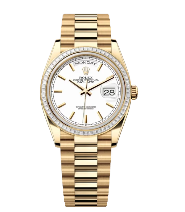 Rolex Day-Date 36 Oyster Perpetual 18 ct yellow gold white dial diamond-set bezel President band Reference 128398TBR