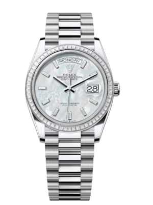 Rolex Day-Date 36 Oyster Perpetual platinum white mother-of-pearl, diamond-set dial diamond-set bezel President band Reference 128396TBR