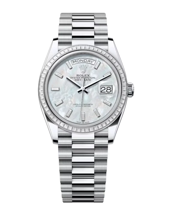 Rolex Day-Date 36 Oyster Perpetual platinum white mother-of-pearl, diamond-set dial diamond-set bezel President band Reference 128396TBR