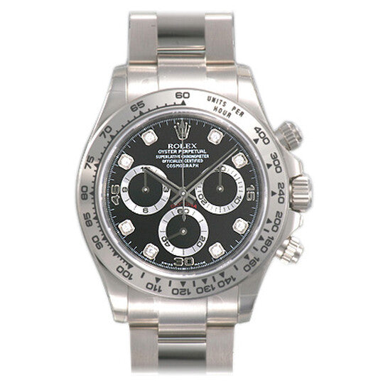 Rolex Cosmograph Daytona 40 Oyster Perpetual 18 ct white gold bright black, diamond-set dial Oyster band Reference 116520BDM