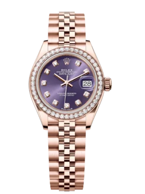 Rolex Lady-Datejust 28 Oyster Perpetual 18 ct Everose gold aubergine, diamond-set dial Jubilee band Reference 279135RBR