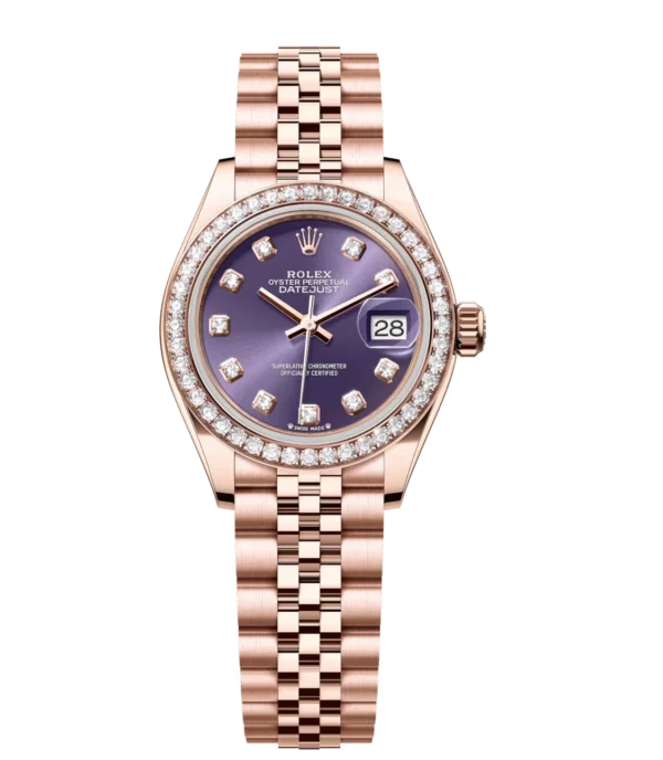 Rolex Lady-Datejust 28 Oyster Perpetual 18 ct Everose gold aubergine, diamond-set dial Jubilee band Reference 279135RBR