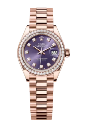 Rolex Lady-Datejust 28 Oyster Perpetual 18 ct Everose gold aubergine, diamond-set dial President band Reference 279135RBR