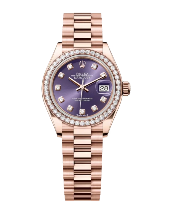 Rolex Lady-Datejust 28 Oyster Perpetual 18 ct Everose gold aubergine, diamond-set dial President band Reference 279135RBR