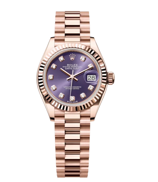 Rolex Lady-Datejust 28 Oyster Perpetual 18 ct Everose gold aubergine, diamond-set dial President band Reference 279175