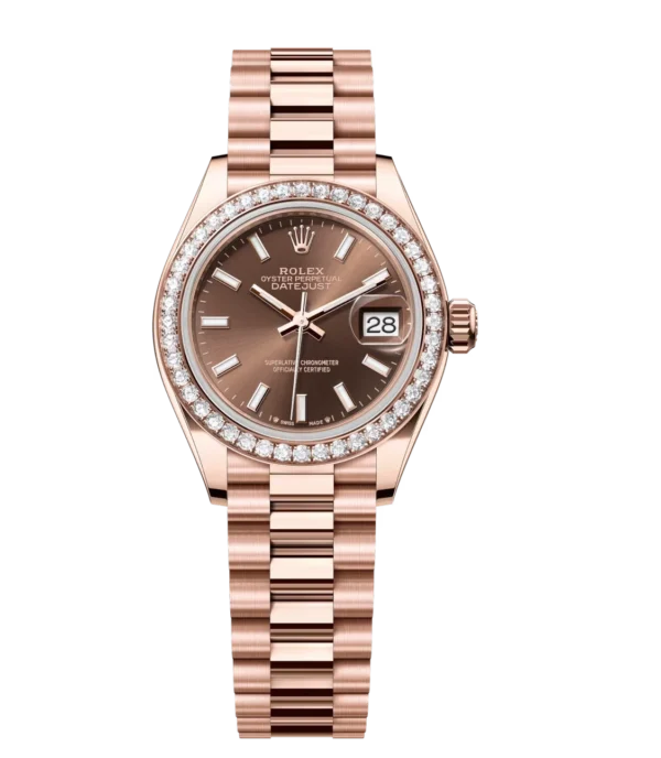 Rolex Lady-Datejust 28 Oyster Perpetual 18 ct Everose gold chocolate dial President band Reference 279135RBR