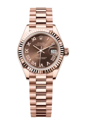 Rolex Lady-Datejust 28 Oyster Perpetual 18 ct Everose gold chocolate dial President band Reference 279175