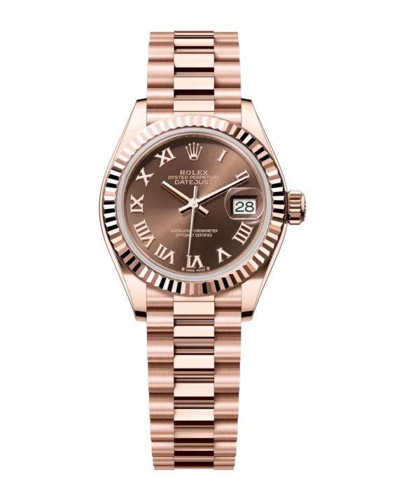 Rolex Lady-Datejust 28 Oyster Perpetual 18 ct Everose gold chocolate dial President band Reference 279175