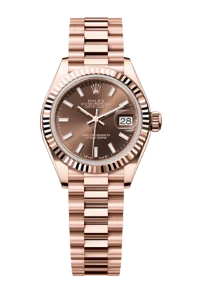 Rolex Lady-Datejust 28 Oyster Perpetual 18 ct Everose gold chocolate dial President band Reference 279175