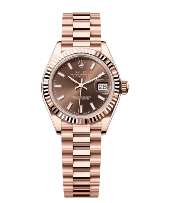 Rolex Lady-Datejust 28 Oyster Perpetual 18 ct Everose gold chocolate dial President band Reference 279175
