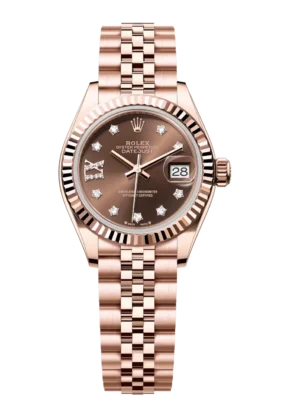 Rolex Lady-Datejust 28 Oyster Perpetual 18 ct Everose gold chocolate, diamond-set dial Jubilee band Reference 279175