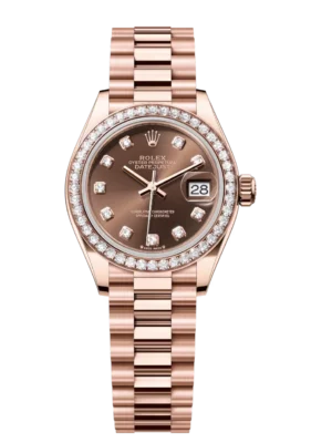 Rolex Lady-Datejust 28 Oyster Perpetual 18 ct Everose gold chocolate, diamond-set dial President band Reference 279135RBR