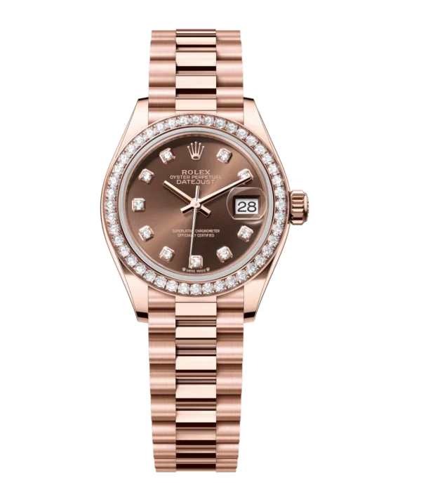 Rolex Lady-Datejust 28 Oyster Perpetual 18 ct Everose gold chocolate, diamond-set dial President band Reference 279135RBR
