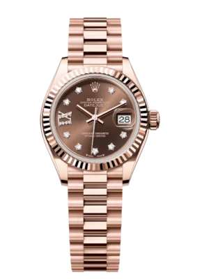 Rolex Lady-Datejust 28 Oyster Perpetual 18 ct Everose gold chocolate, diamond-set dial President band Reference 279175