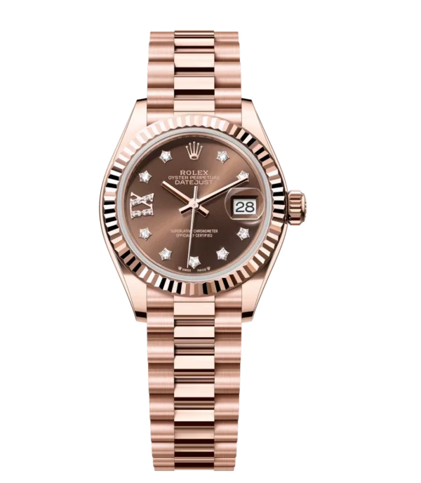Rolex Lady-Datejust 28 Oyster Perpetual 18 ct Everose gold chocolate, diamond-set dial President band Reference 279175