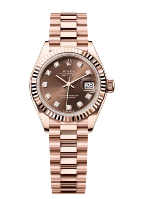 Rolex Lady-Datejust 28 Oyster Perpetual 18 ct Everose gold chocolate, diamond-set dial President band Reference 279175