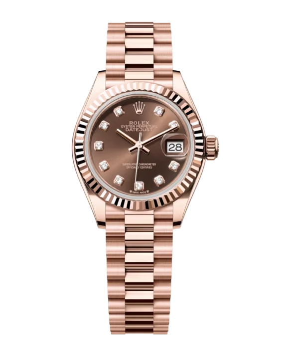 Rolex Lady-Datejust 28 Oyster Perpetual 18 ct Everose gold chocolate, diamond-set dial President band Reference 279175