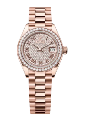 Rolex Lady-Datejust 28 Oyster Perpetual 18 ct Everose gold diamond-paved dial President band Reference 279135RBR