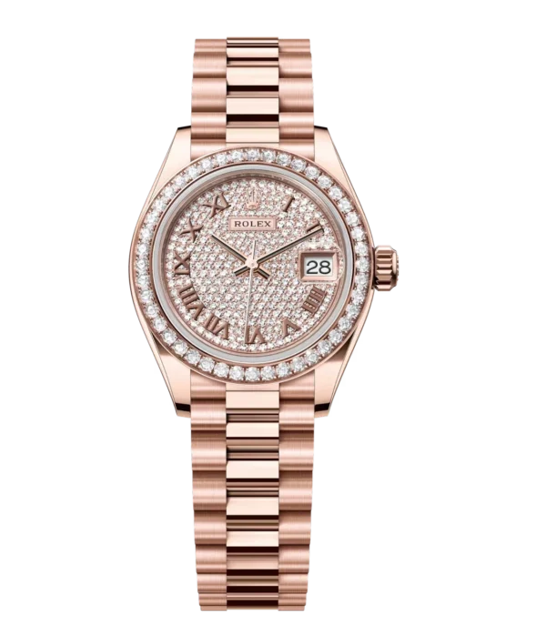 Rolex Lady-Datejust 28 Oyster Perpetual 18 ct Everose gold diamond-paved dial President band Reference 279135RBR