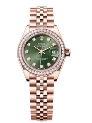 Rolex Lady-Datejust 28 Oyster Perpetual 18 ct Everose gold olive-green, diamond-set dial Jubilee band Reference 279135RBR