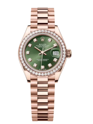 Rolex Lady-Datejust 28 Oyster Perpetual 18 ct Everose gold olive-green, diamond-set dial President band Reference 279135RBR