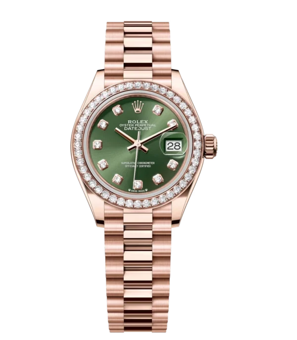 Rolex Lady-Datejust 28 Oyster Perpetual 18 ct Everose gold olive-green, diamond-set dial President band Reference 279135RBR