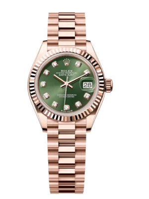 Rolex Lady-Datejust 28 Oyster Perpetual 18 ct Everose gold olive-green, diamond-set dial President band Reference 279175