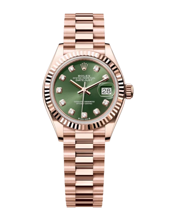 Rolex Lady-Datejust 28 Oyster Perpetual 18 ct Everose gold olive-green, diamond-set dial President band Reference 279175