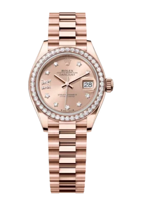 Rolex Lady-Datejust 28 Oyster Perpetual 18 ct Everose gold rosé colour, diamond-set dial President band Reference 279135RBR
