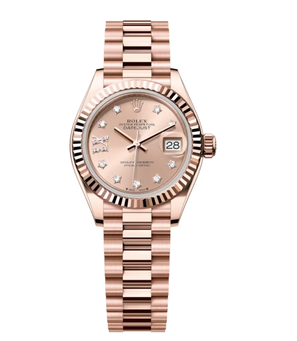 Rolex Lady-Datejust 28 Oyster Perpetual 18 ct Everose gold rosé colour, diamond-set dial President band Reference 279175