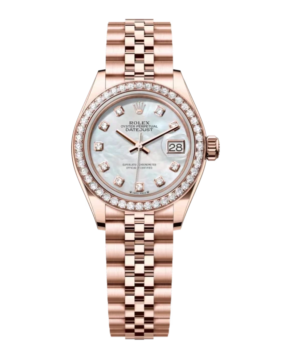 Rolex Lady-Datejust 28 Oyster Perpetual 18 ct Everose gold white mother-of-pearl, diamond-set dial Jubilee band Reference 279135RBR