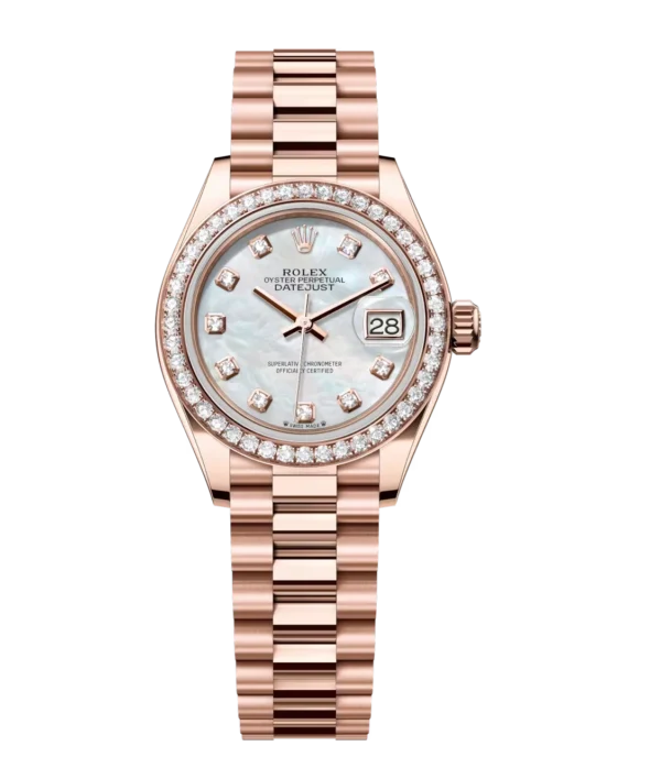 Rolex Lady-Datejust 28 Oyster Perpetual 18 ct Everose gold white mother-of-pearl, diamond-set dial President band Reference 279135RBR