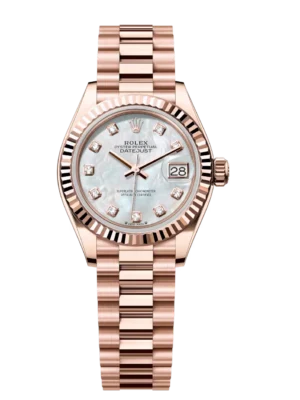 Rolex Lady-Datejust 28 Oyster Perpetual 18 ct Everose gold white mother-of-pearl, diamond-set dial President band Reference 279175