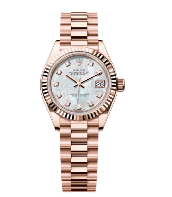 Rolex Lady-Datejust 28 Oyster Perpetual 18 ct Everose gold white mother-of-pearl, diamond-set dial President band Reference 279175