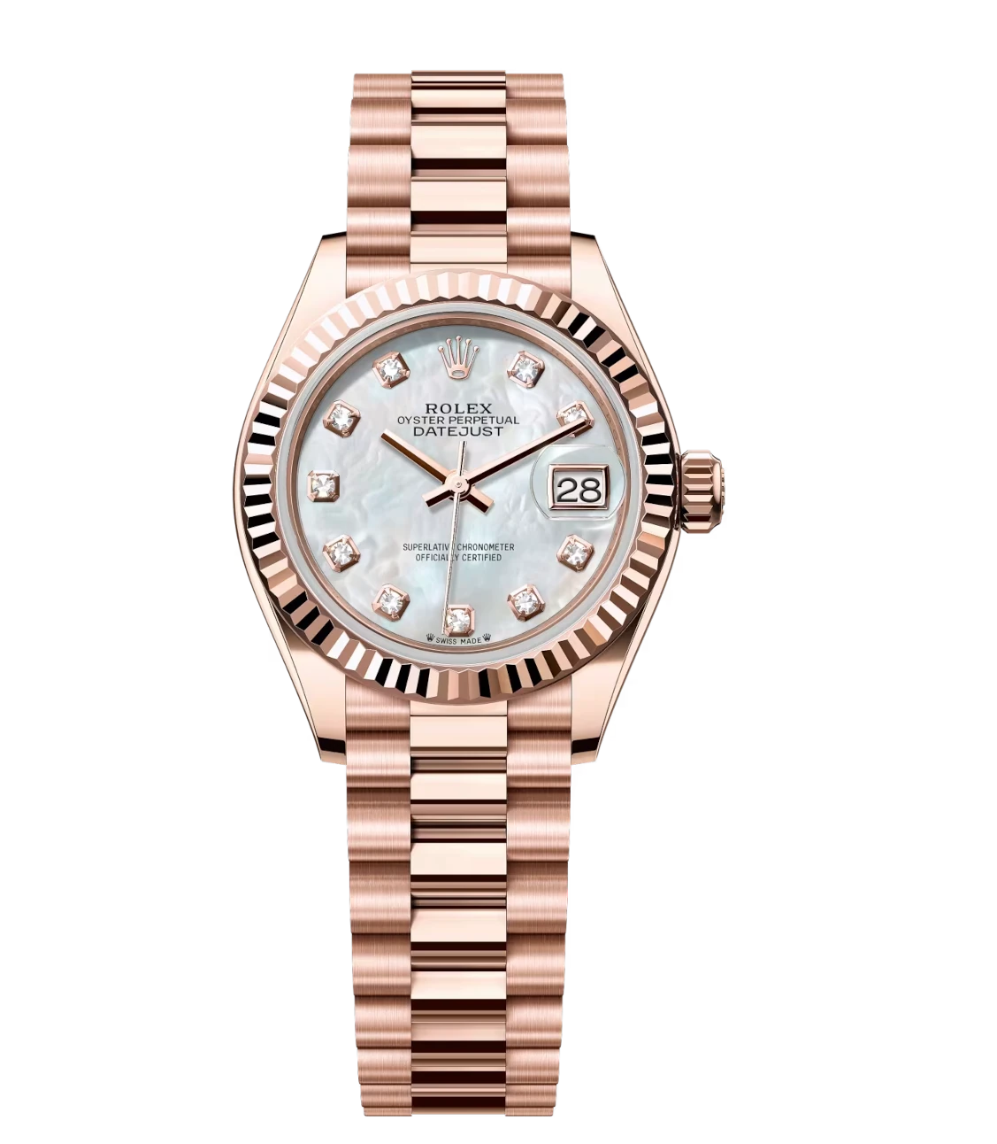Rolex Lady-Datejust 28 Oyster Perpetual 18 ct Everose gold white mother ...