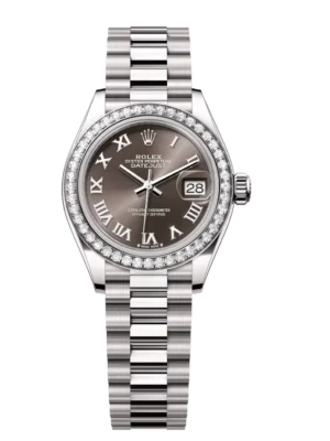 Rolex Lady-Datejust 28 Oyster Perpetual 18 ct white gold dark grey dial President band Reference 279139RBR