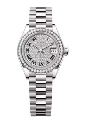 Rolex Lady-Datejust 28 Oyster Perpetual 18 ct white gold diamond-paved dial President band Reference 279139RBR