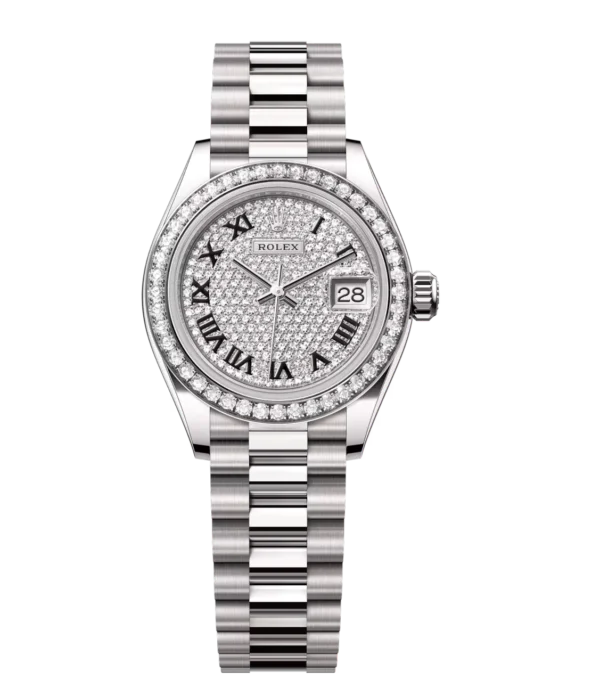 Rolex Lady-Datejust 28 Oyster Perpetual 18 ct white gold diamond-paved dial President band Reference 279139RBR