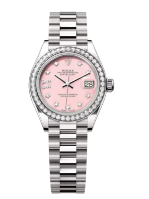 Rolex Lady-Datejust 28 Oyster Perpetual 18 ct white gold pink opal, diamond-set dial President band Reference 279139RBR