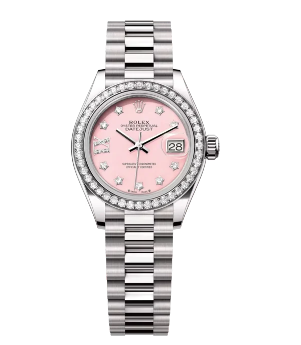 Rolex Lady-Datejust 28 Oyster Perpetual 18 ct white gold pink opal, diamond-set dial President band Reference 279139RBR