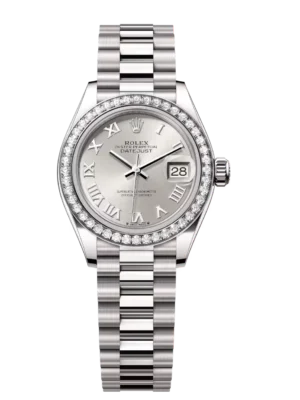 Rolex Lady-Datejust 28 Oyster Perpetual 18 ct white gold silver dial President band Reference 279139RBR