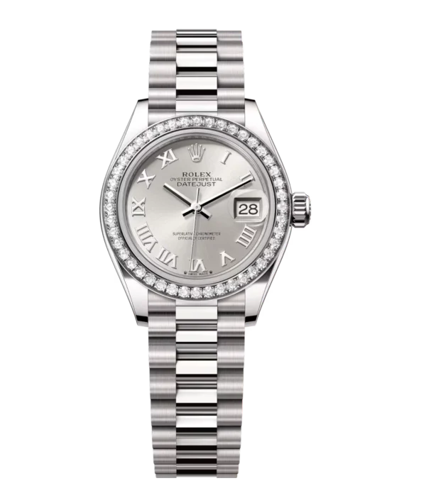 Rolex Lady-Datejust 28 Oyster Perpetual 18 ct white gold silver dial President band Reference 279139RBR