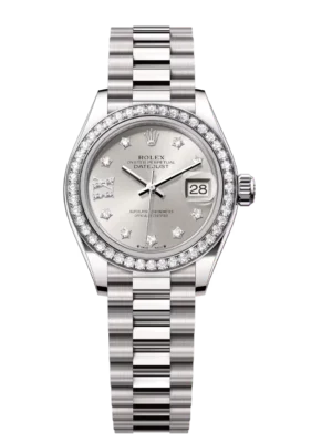Rolex Lady-Datejust 28 Oyster Perpetual 18 ct white gold silver, diamond-set dial President band Reference 279139RBR